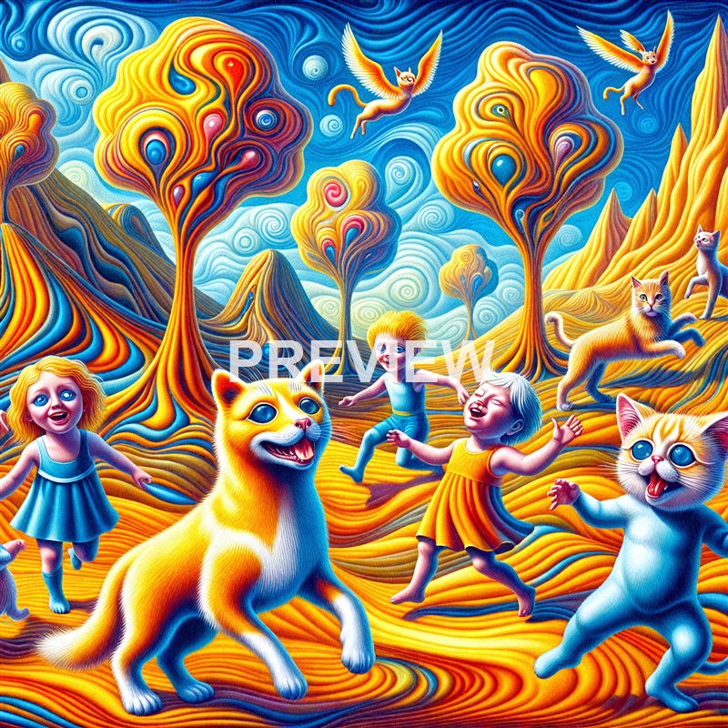 A vibrant, surreal scene featuring children, cats, and a dog joyfully playing in a colorful, fantastical landscape with swirling trees, mountains, and a whimsical sky.